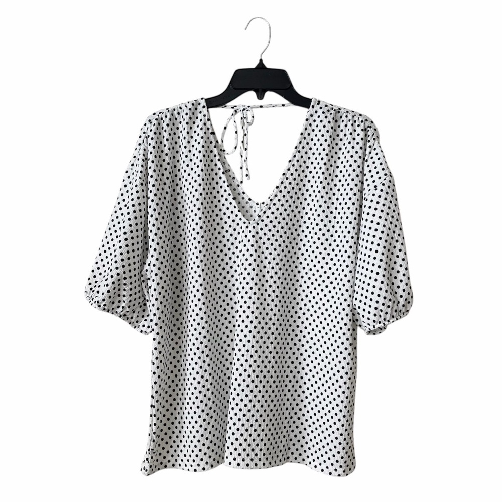 Loft Top Women's Size XL Black White Polka Dot V-Neck Short Sleeve Cottagecore